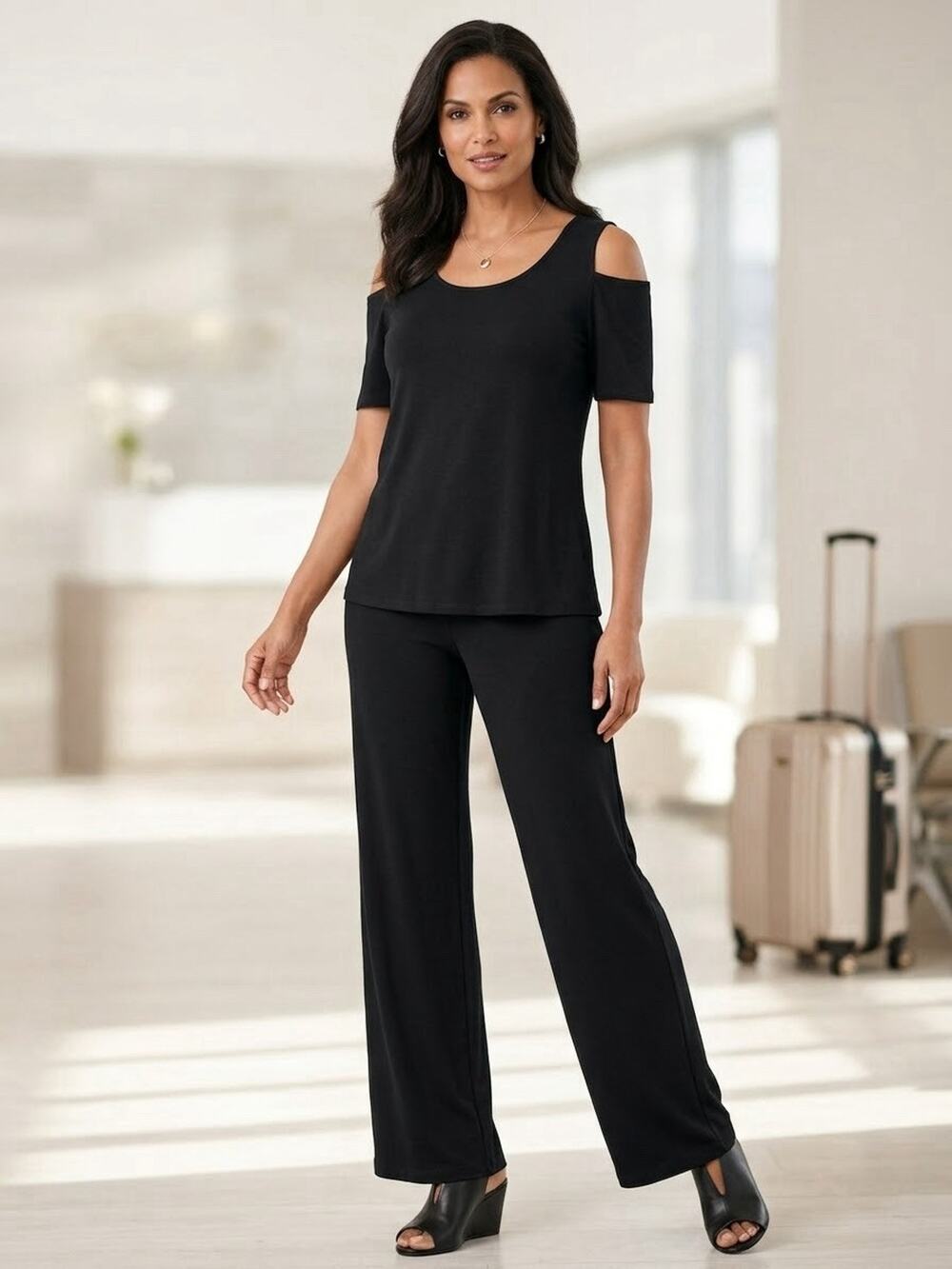 Chico's Travelers 2 Pc Cold Shoulder Top Wide Leg Pants Set Sz 1 US 8 M Black